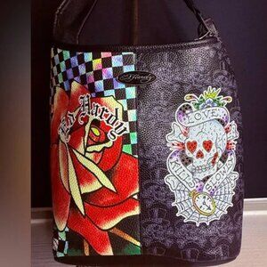 Ed Hardy Love Kills Slowly Skull Rose Hobo Shoulder Bag Checkerboard NWT
